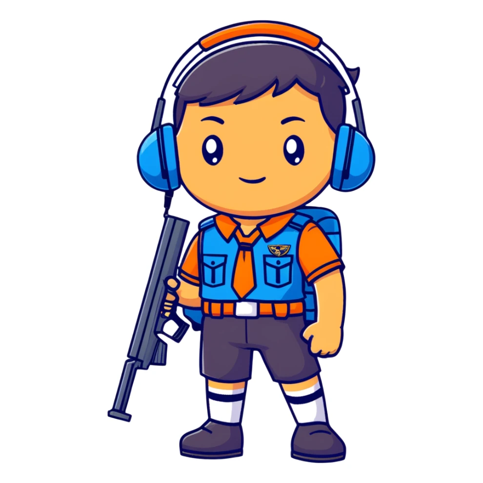 Team Fortress 2 Scout with blue uniform, headset, Boston accent, slim body, carrying scattergun, official character design sticker