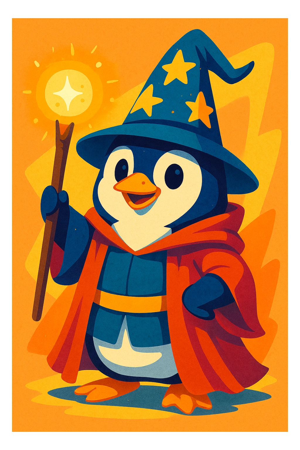 a penguin dressed as a wizard, with a pointy hat and a magic staff, in a charming, colorful style sticker