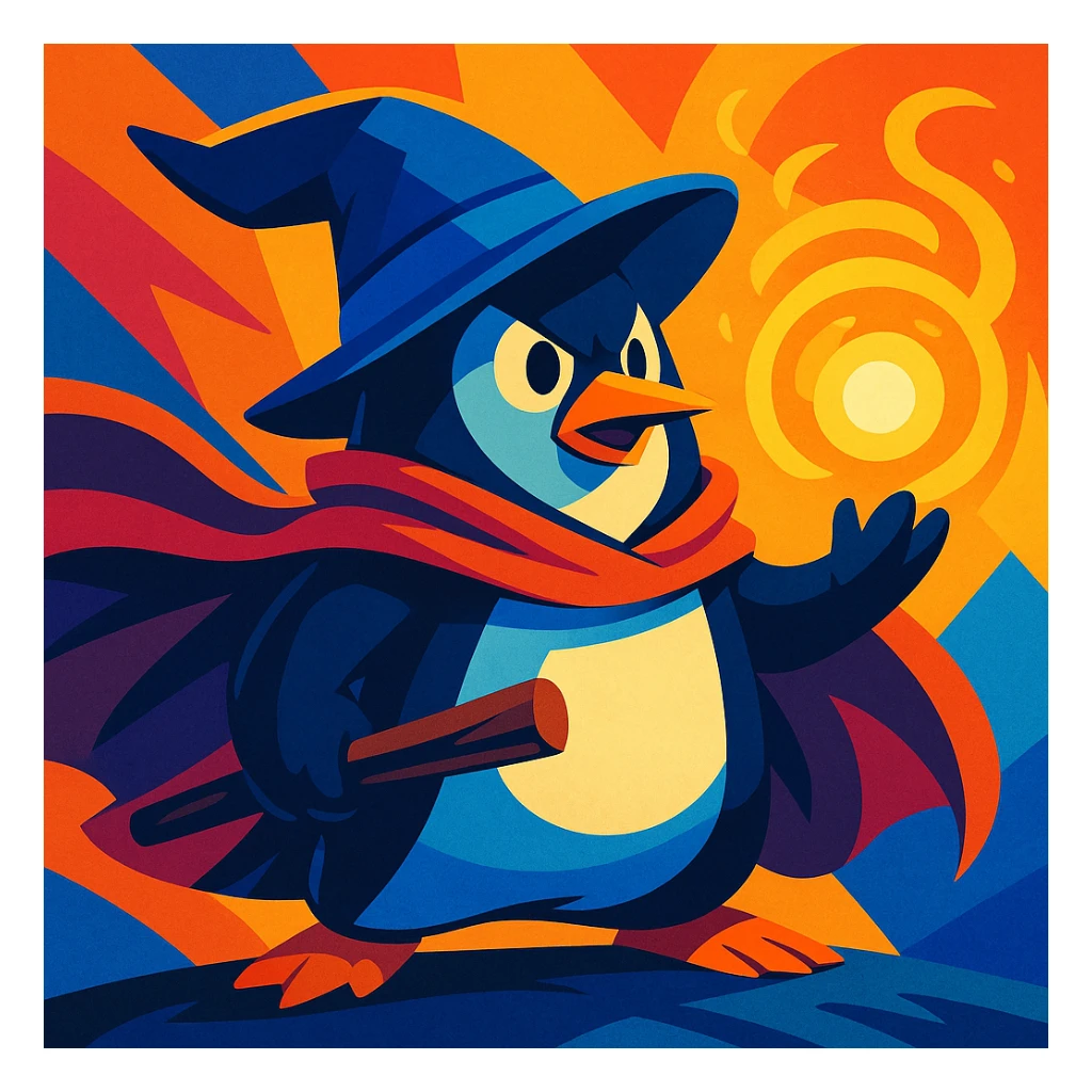 heroic penguin wizard with flowing cape, holding glowing orb, dynamic fantasy style, vibrant colors sticker