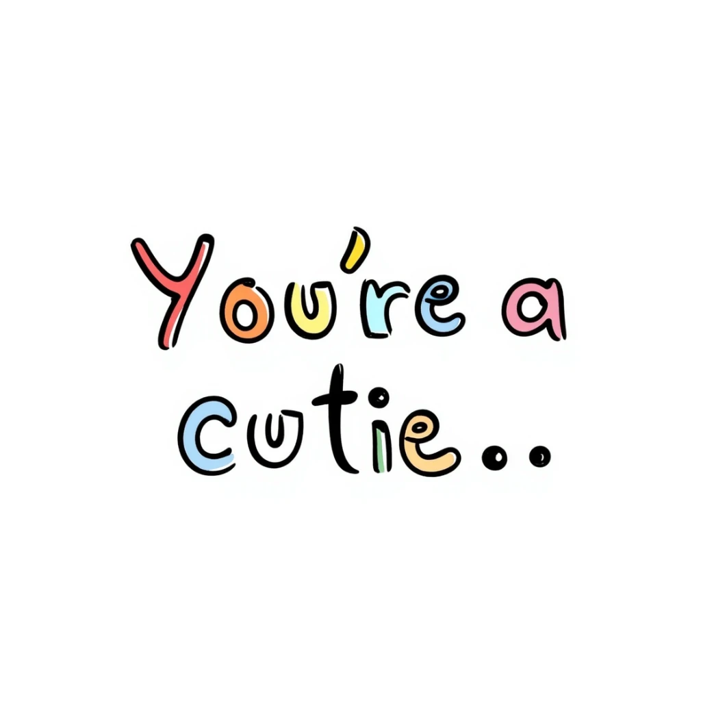 text: "you're a cutie" with each letter a different rainbow color, rounded and cartoonish font, lively and cute sticker