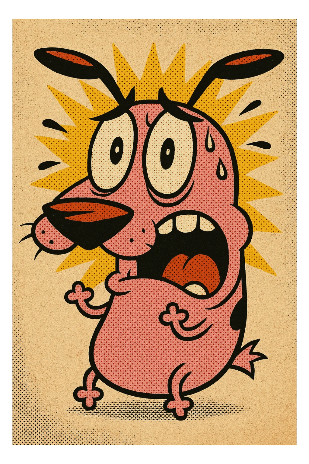 Courage the Cowardly Dog emoji, scared expression, pink dog, old school comic book cartoon style sticker