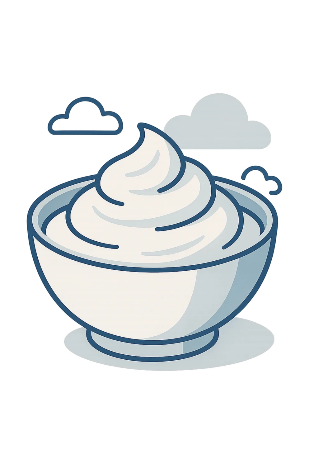 plain yoghurt in a bowl, simple style, soft shadows, white and pale blue sticker