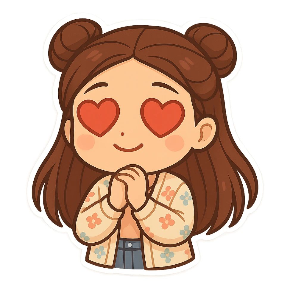Create a chibi sticker of the girl from the reference image. She has brown straight hair styled in double buns, brown eyes, wearing a pastel floral cardigan and jeans. The expression is in love with heart eyes. The sticker should have a white outline and a transparent background, sized 512x512px. sticker