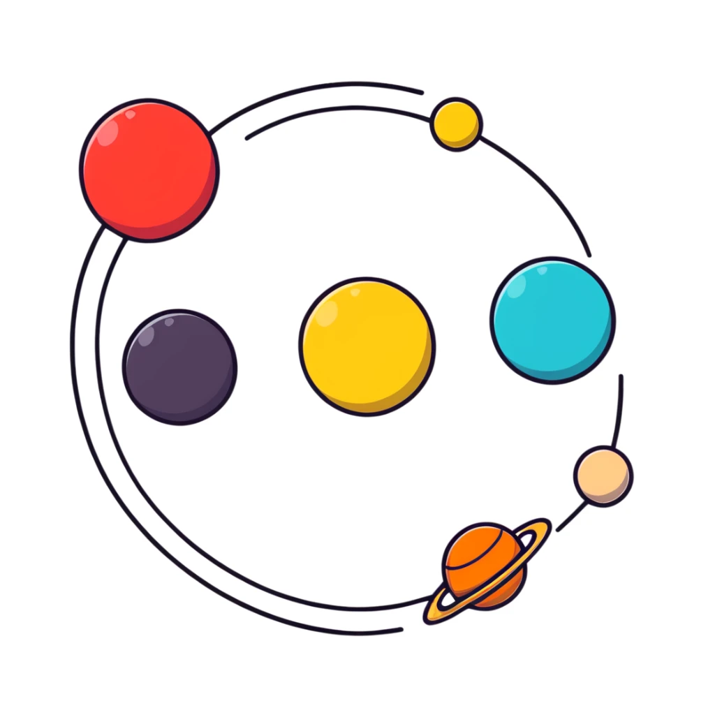 Solar system with planets in the shape of hearts orbiting around a sun, cute colorful heart planets sticker