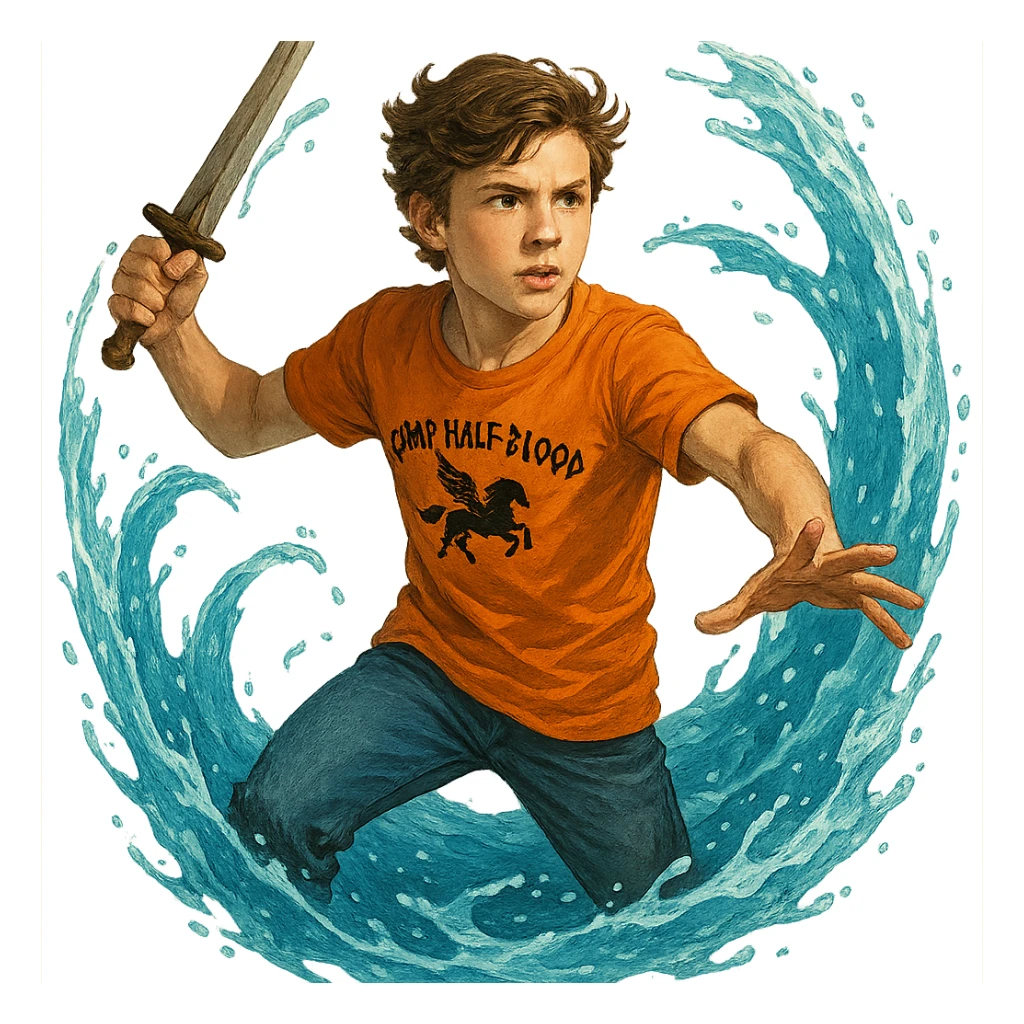 Walker Scobell as Percy Jackson, in action pose, water swirling around him, Camp Half-Blood t-shirt, short brown hair, heroic expression sticker