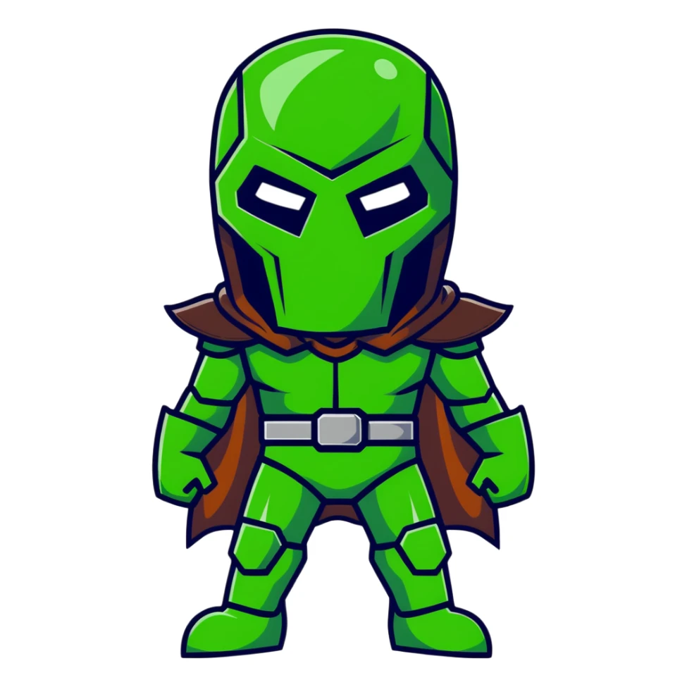 Doctor Doom standing tall with bright green eyes behind metal mask sticker