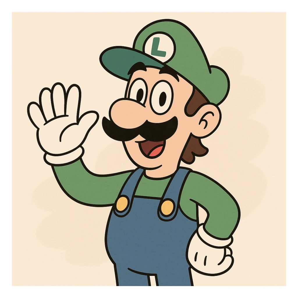 Luigi from Mario & Luigi, waving, green cap with L, blue overalls, white gloves, mustache, cartoon style sticker
