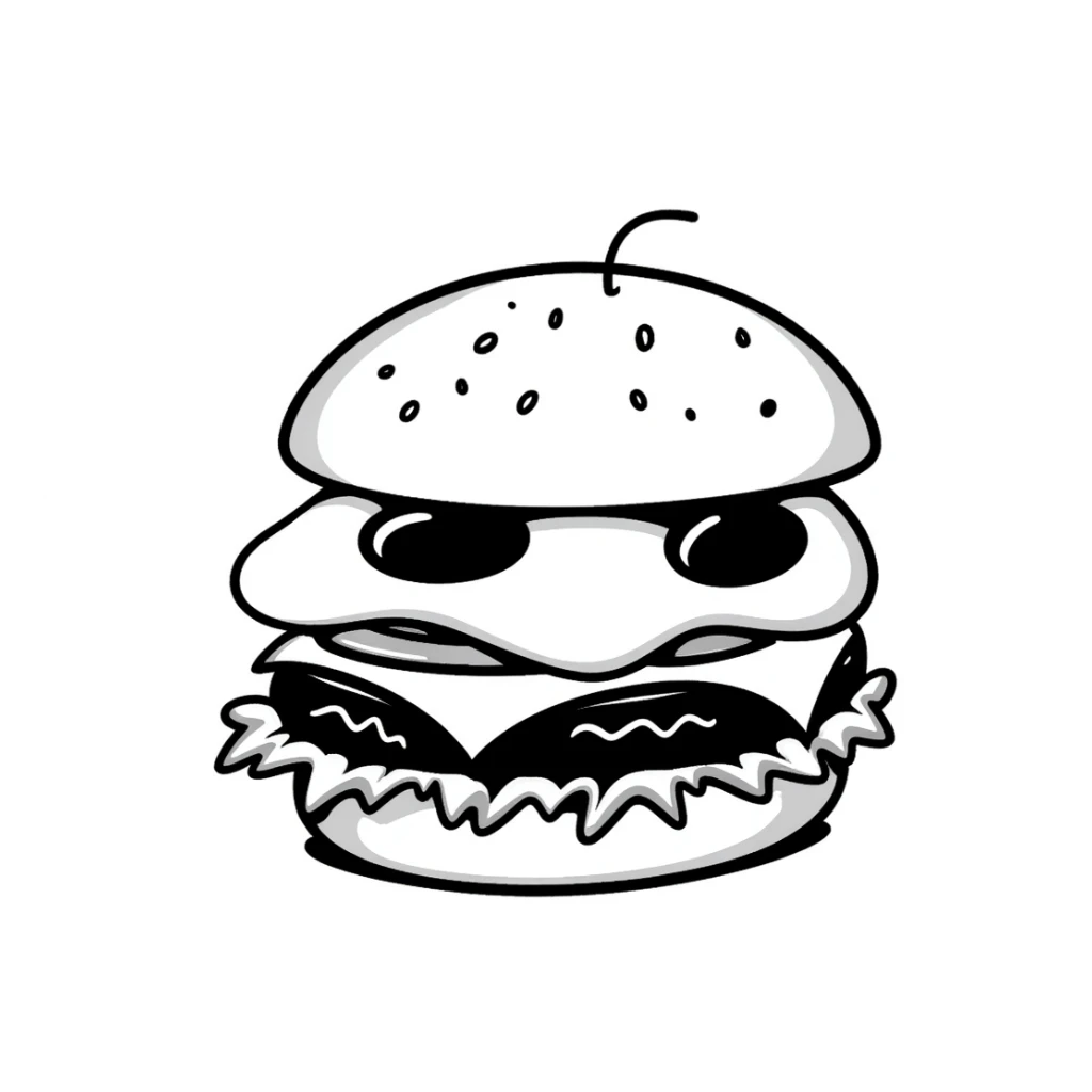a detailed doodle of a hamburger with cheese, eggs, and lettuce sticker