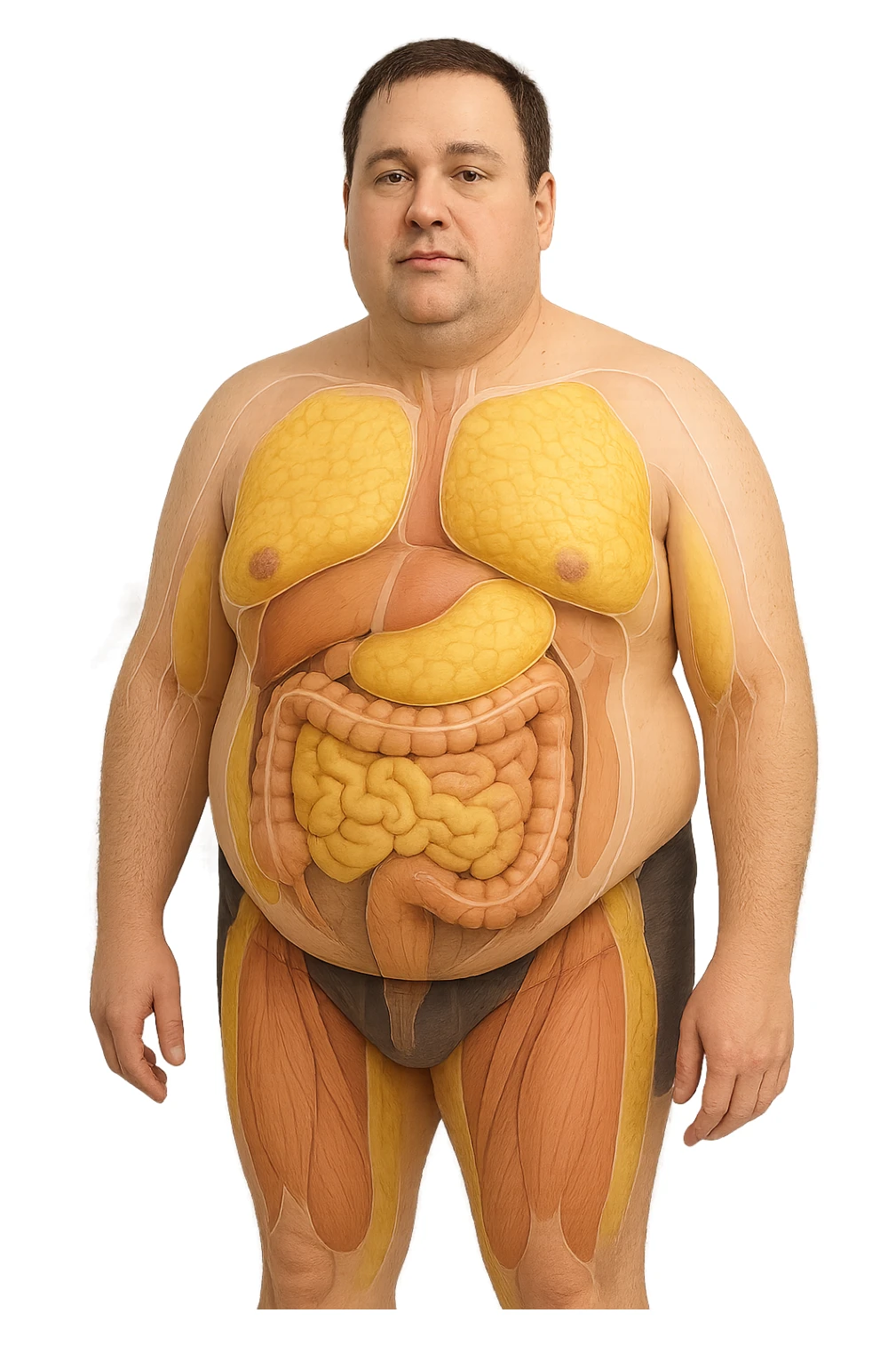 an adult man with a visibly overweight physique stands in a clinical setting. Semi-transparent overlays highlight areas of fat accumulation, especially around the abdomen, chest, and thighs. The fat tissue is shown in yellow, contrasting with underlying muscles and organs. The background is clean and modern, emphasizing the educational aspect. senza scritte sticker