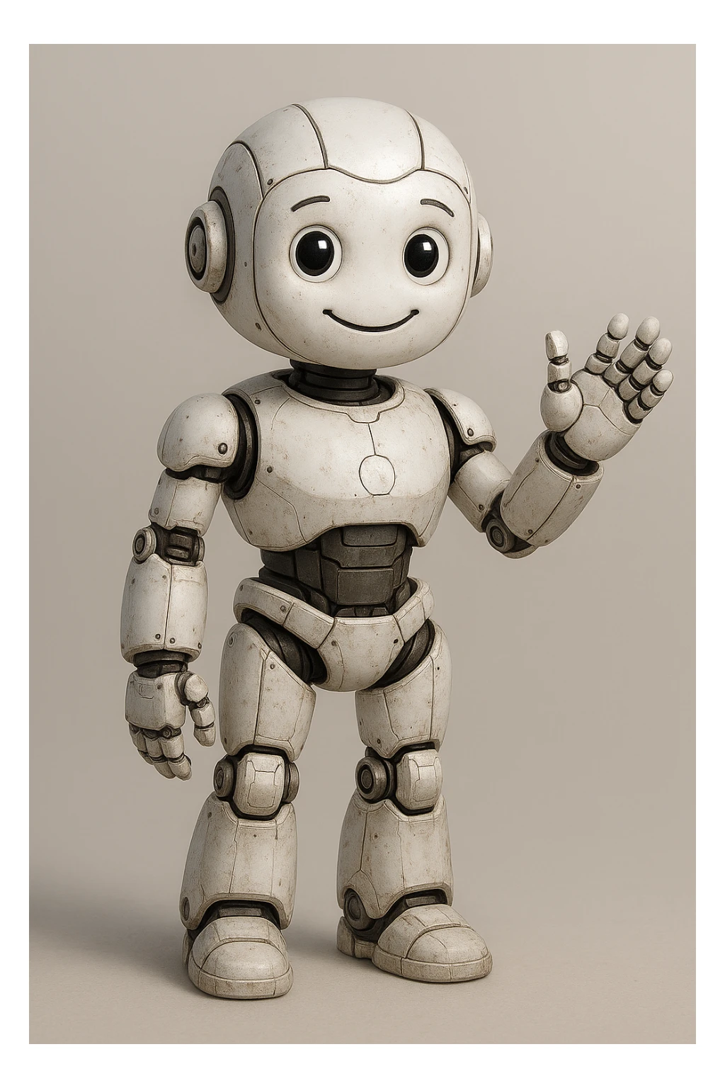 humanoid-shaped robot made of white painted metal, simulating personified artificial intelligence, expressive features, friendly appearance sticker
