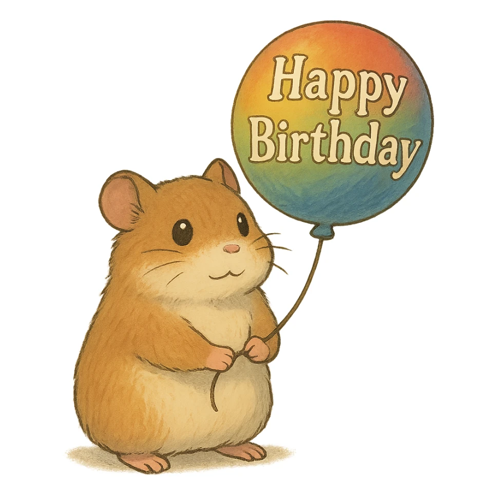 hamster holding a colorful balloon with 'Happy Birthday' text, soft Ghibli style sticker
