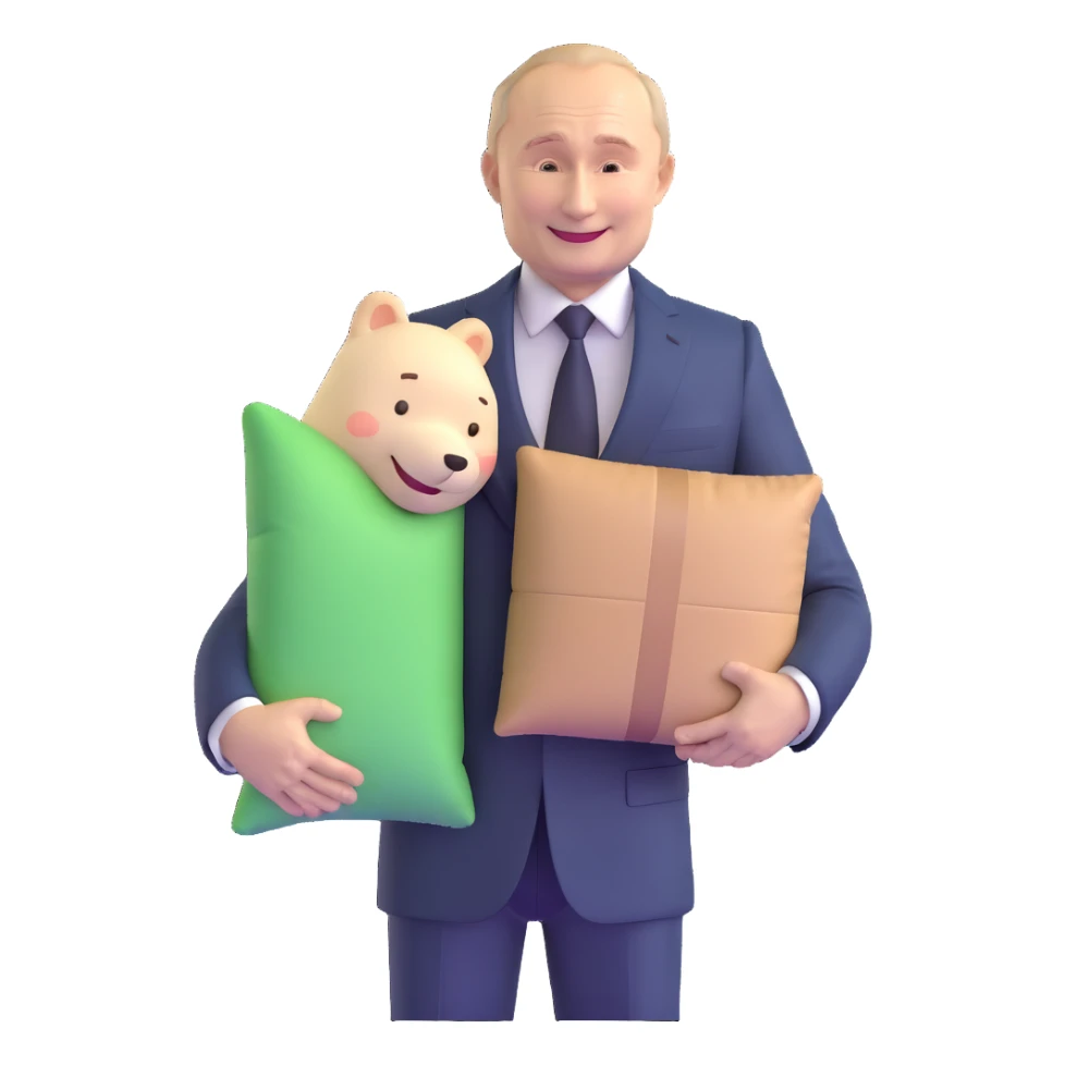 Vladimir Putin in a suit smiling and holding a memory foam pillow with an Amazon package next to him sticker