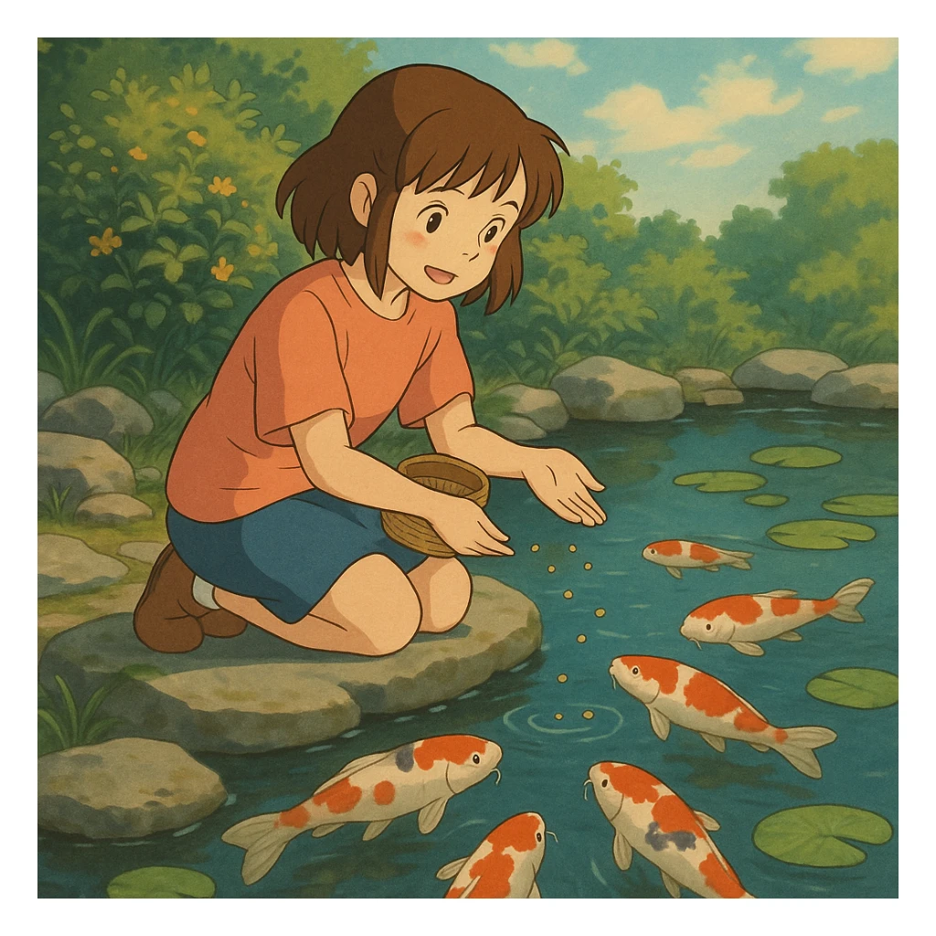 girl feeding koi fish in a pond sticker