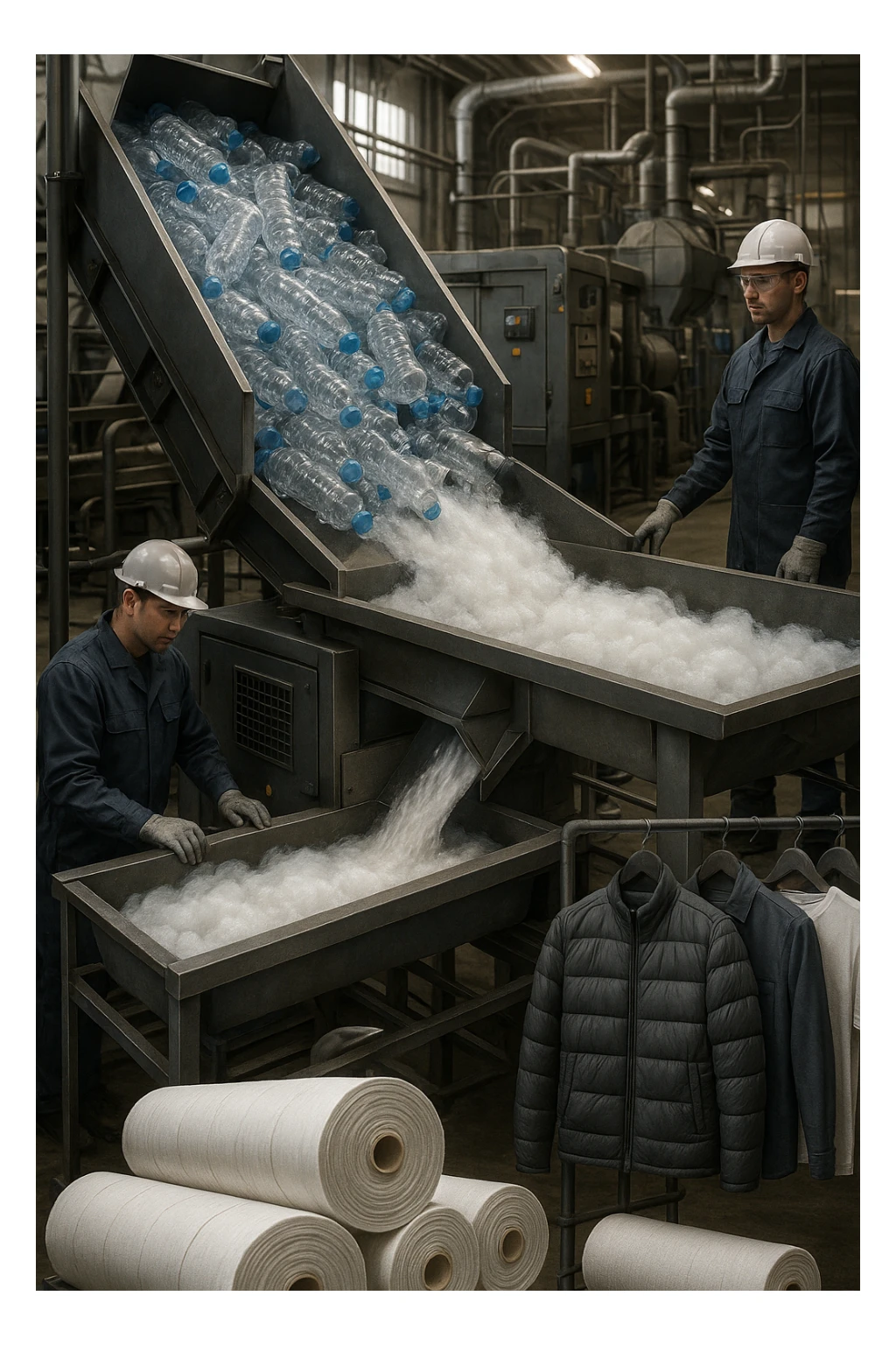 vertical realistic scene in 2:3 aspect ratio depicting an industrial recycling chain where PET plastic bottles are processed and turned into polyester fabric for clothing. Show detailed bottles, machinery, and finished clothes. Professional atmosphere, factory environment, clear industrial process. sticker