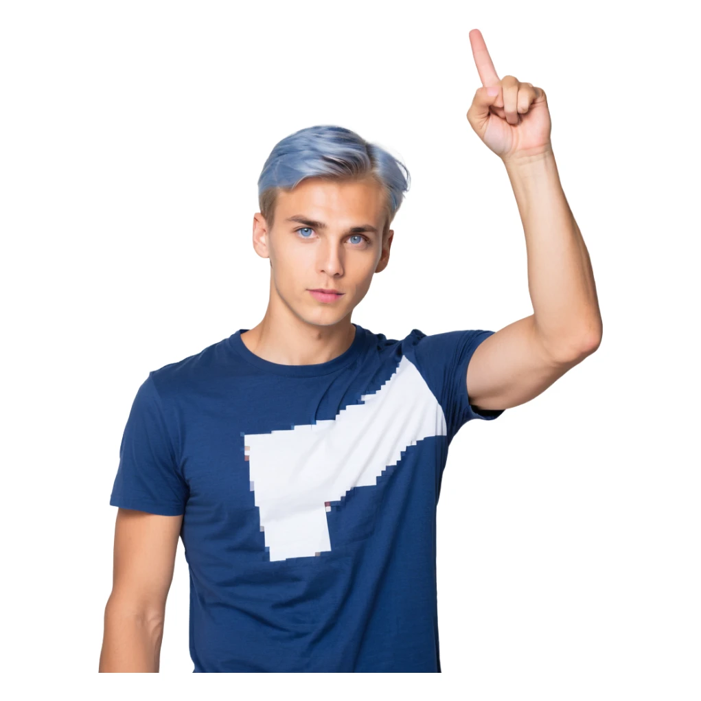 Flat pixel art, confident male leader, Caucasian, short neat blonde hair, sharp eyes, indigo T-shirt, one arm raised pointing out, waist-up, front-facing sticker