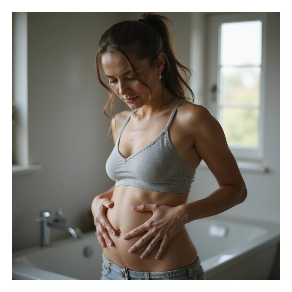 hyperrealistic woman standing with curved posture, both hands on abdomen, expression of discomfort and pain, realistic details, 4K quality, bathroom environment sticker