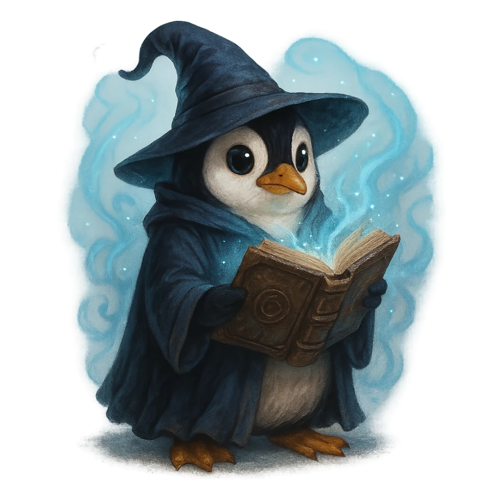 penguin wizard holding an ancient book, mystical aura sticker