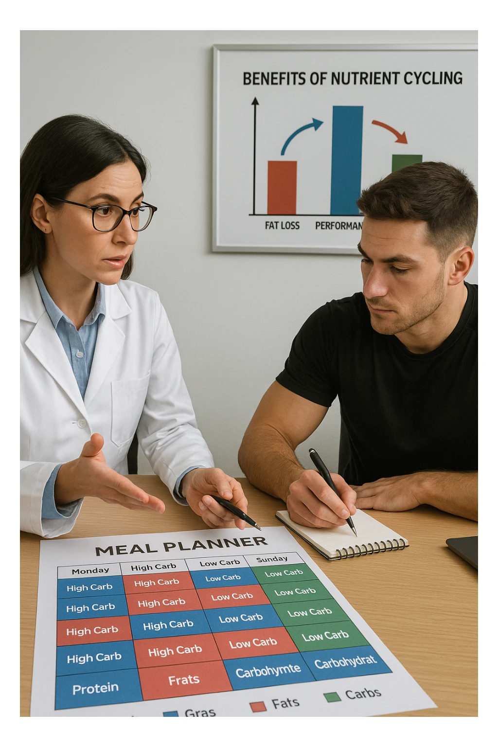 a nutritionist explains to an athlete how to cycle macronutrients for fat loss and training. On the desk, a weekly meal planner shows alternating high-carb and low-carb days, with color-coded sections for proteins, fats, and carbs. The athlete takes notes, and a chart in the background illustrates the benefits of nutrient cycling. The mood is professional and educational. scritto in italiano sticker