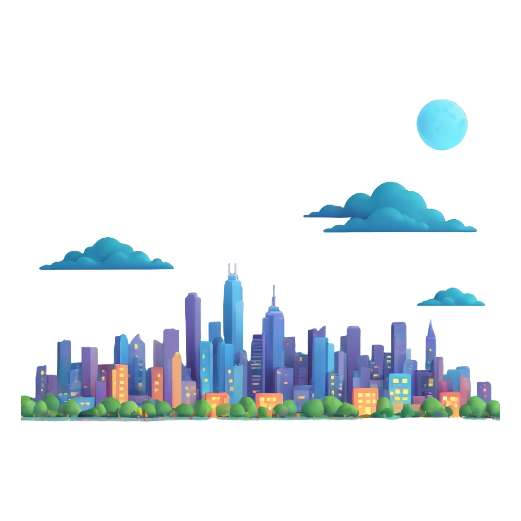 Make the bat signal more realistic with detailed lighting and realistic clouds. Include a city skyline and a night atmosphere. Keep the 3D Microsoft style. No background (transparent). sticker