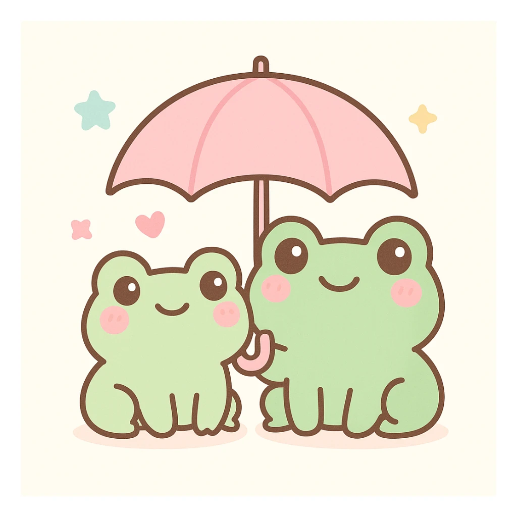 frog friends sharing an umbrella, adorable, kawaii style sticker