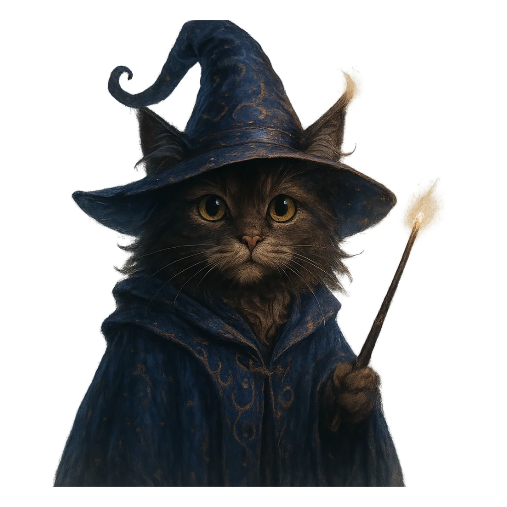 wizard cat wearing a magical hat, holding a wand, mystical fantasy style sticker