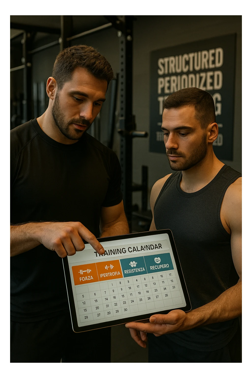 realistic cinematic photo a personal trainer and a client stand in a modern gym, reviewing a large, color-coded training calendar or chart on a tablet. The calendar shows different phases (Forza, Ipertrofia, Resistenza, Recupero) with icons and dates. Around them, gym equipment and motivational posters reinforce the idea of structured, periodized training. in italiano sticker