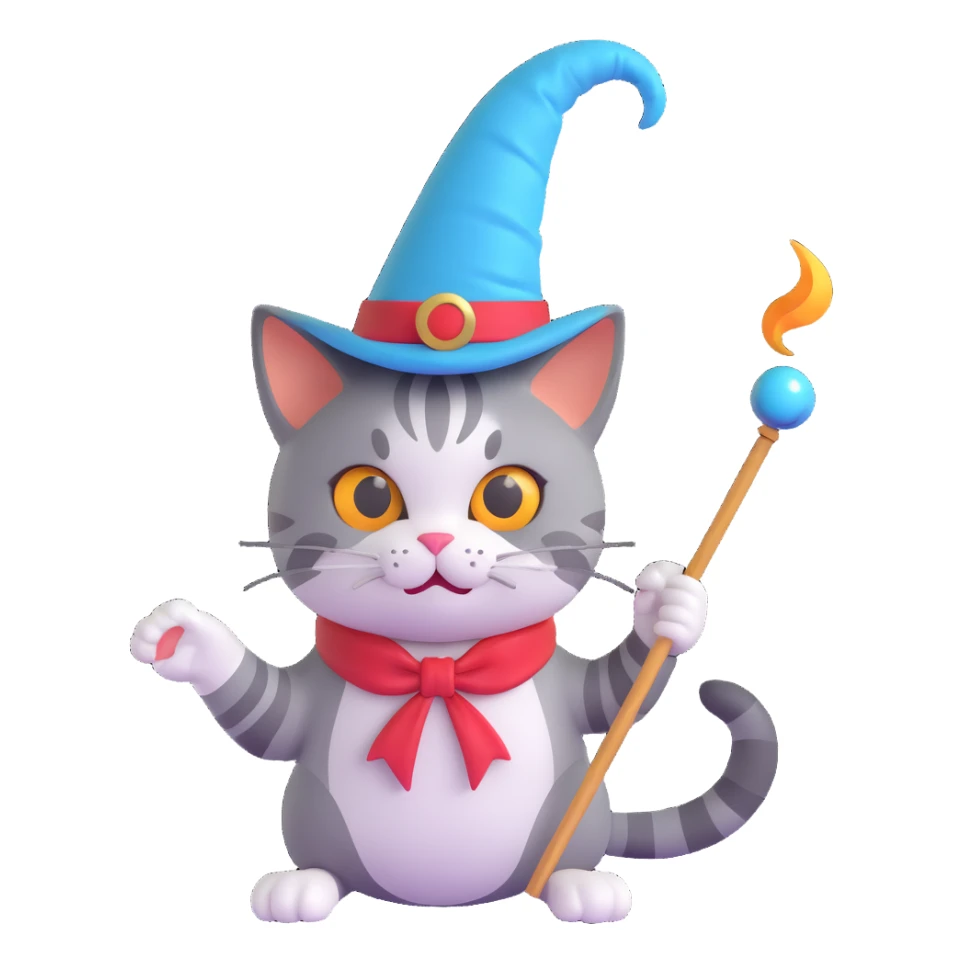 cat magician conjuring a spiral, 3d emoji style sticker