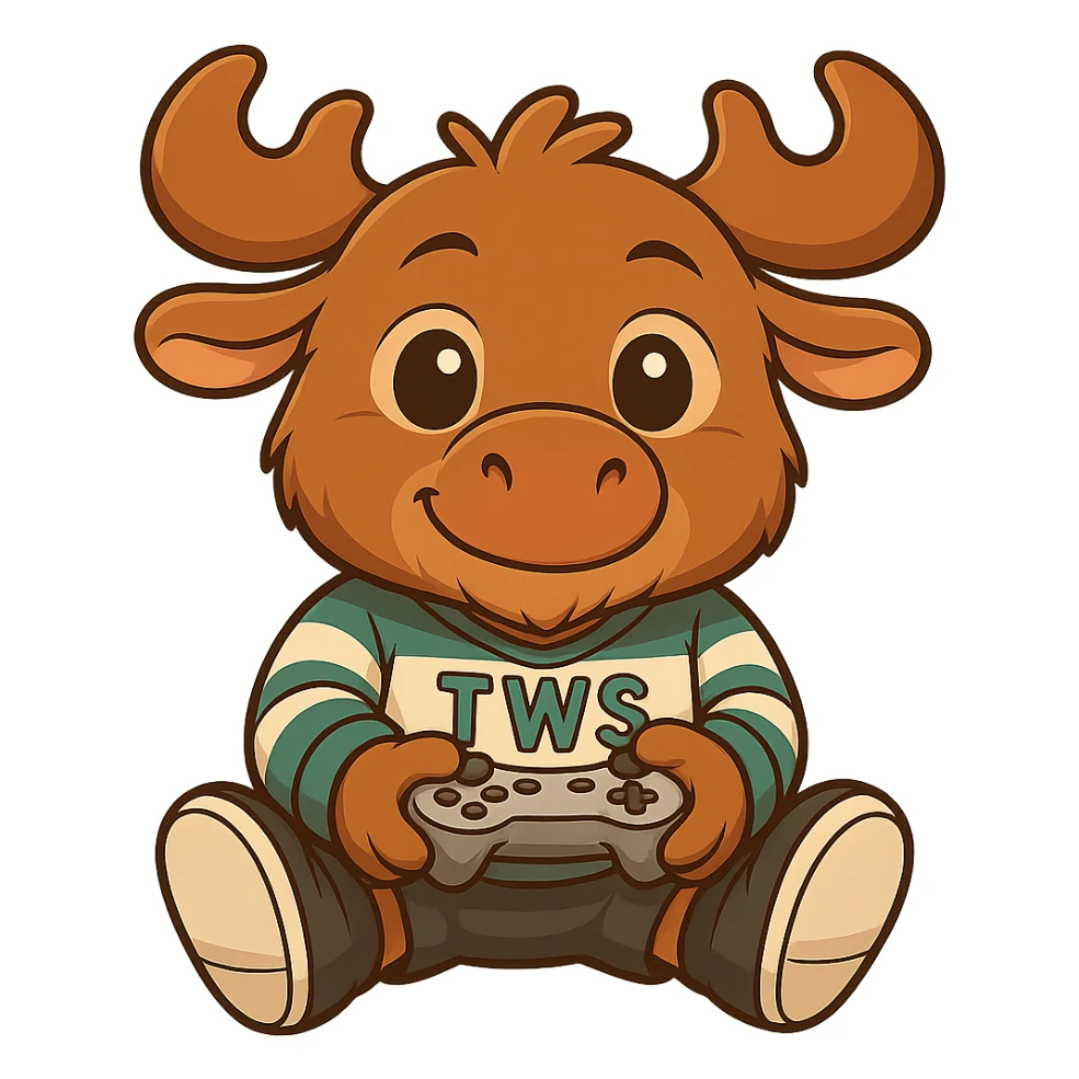 Make the chibi moose look a bit older with subtle signs of age such as a more mature face, slightly larger body proportions, and a confident expression. Keep the game controller, shoes, and 'TWS' hockey jersey. Maintain the cute chibi style with no background. sticker