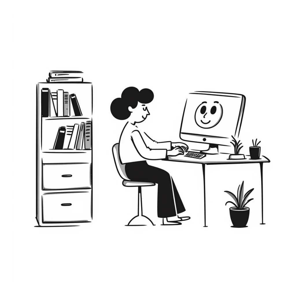 Home office with desk, computer and bookshelf sticker