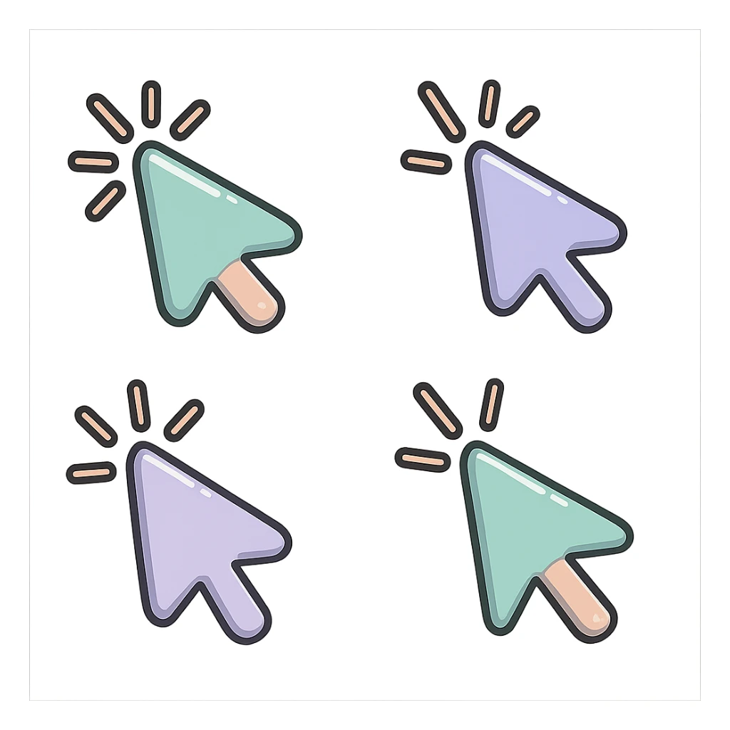 mouse cursor in icon-color-outlined style with shadows and highlights, thin clean contours, soft rounded shapes, pastel palette #98B5BC, #B5B3C1, #C9A3C9, #E4C0CA, #F7DCD1, #F7C0AA, modern Japanese pop art and sticker aesthetic, soft lighting, transparent background, cursor appearing to click with flash effect, multiple pose and angle variations sticker