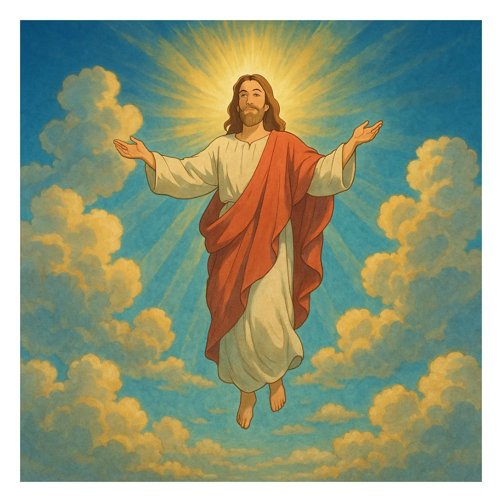 Ascension Day, Jesus ascending into the sky with clouds and rays of light, peaceful and uplifting, ghibli style sticker