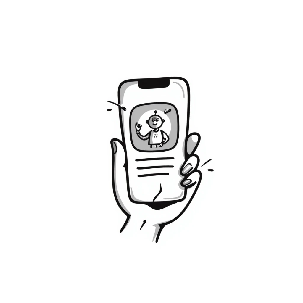 Hand holding an iPhone with WhatsApp open, chatting with a robot or AI bot sticker