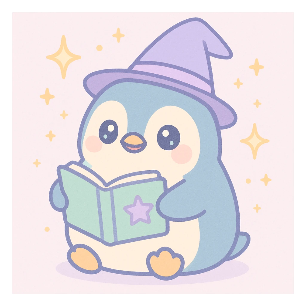 a chubby penguin with a wizard hat, magical sparkles around, and a book of spells sticker