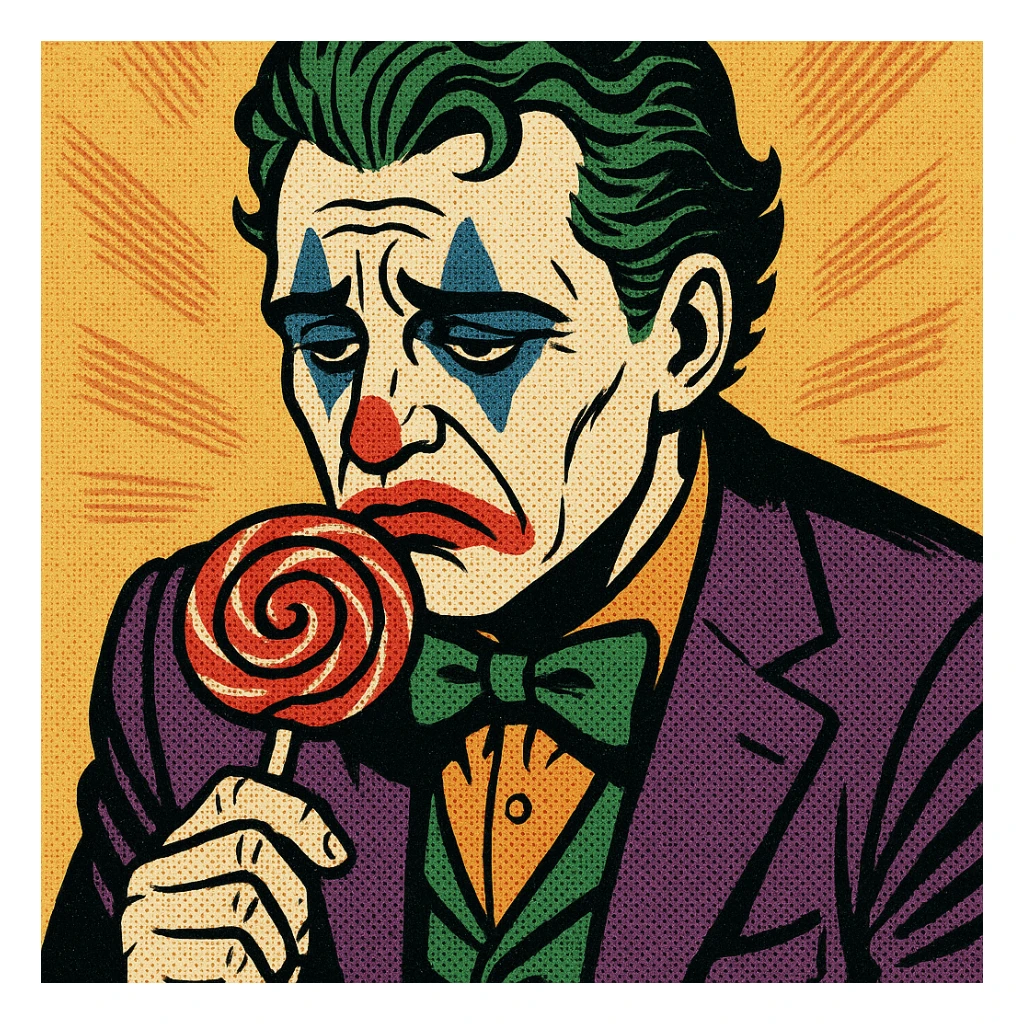 joker in clown makeup, sad expression, eating a lollipop, comic book style sticker