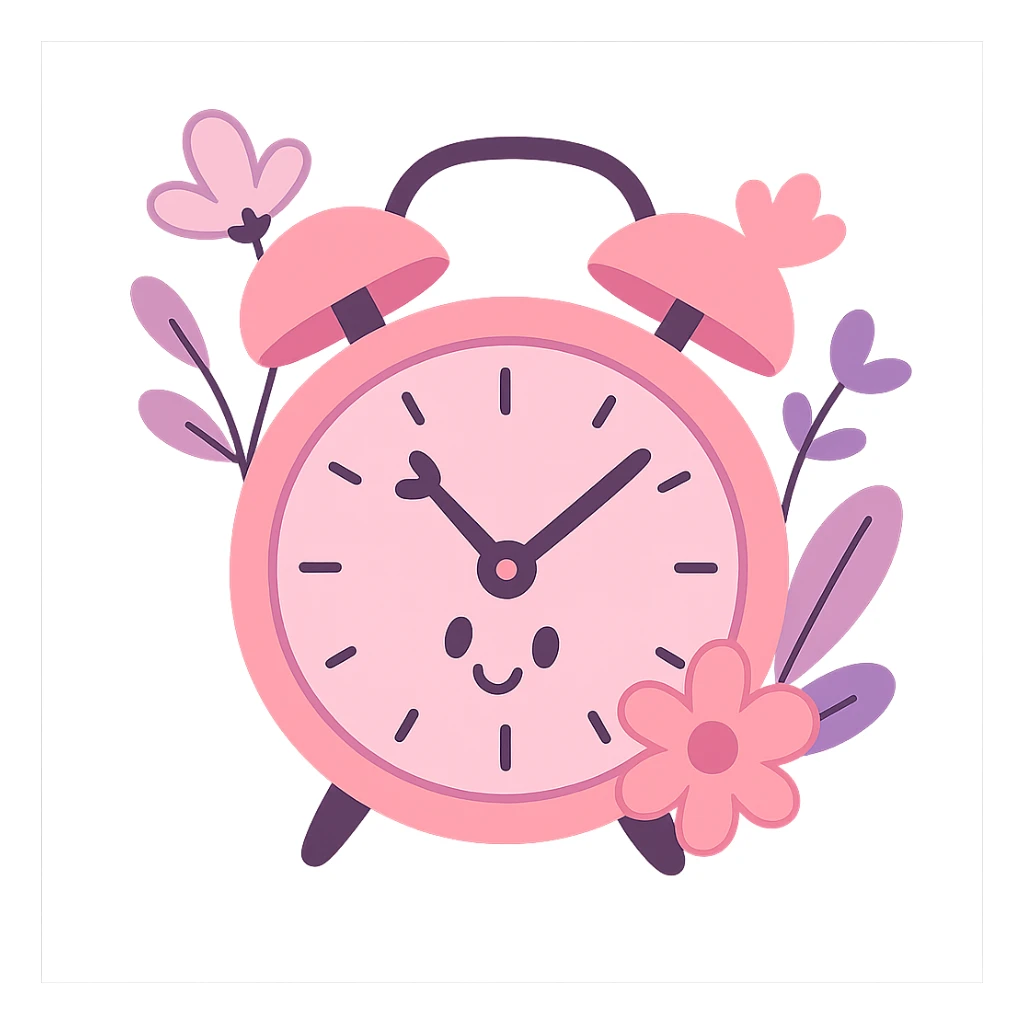 aesthetic pink clock with round face, floral accents, soft pinks and purples sticker