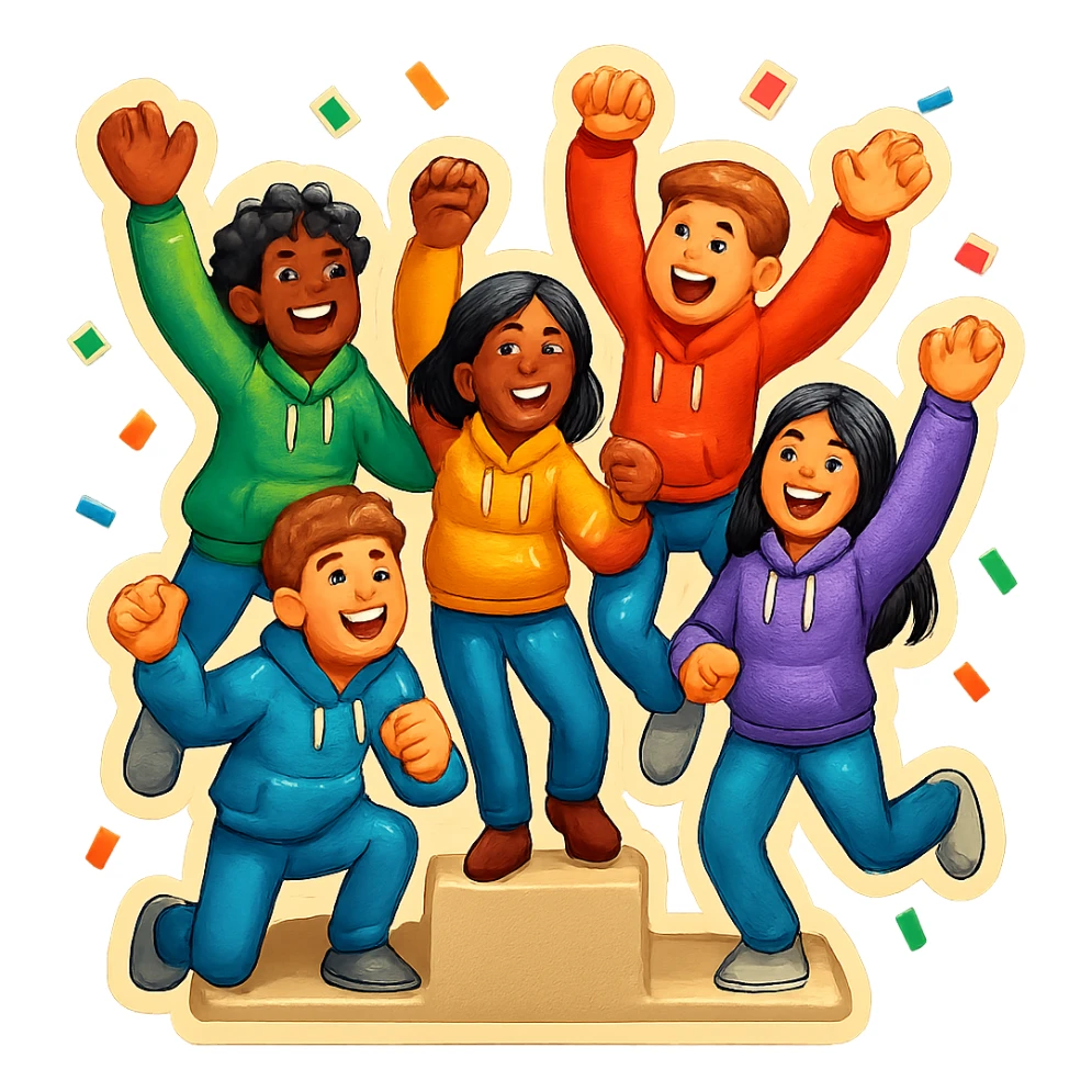 Change to a different pose and add confetti. Keep the group of five multi-racial people on a winners’ podium, no numbers, all in jeans and hoodies, excited, fun, expressive emoji style. sticker