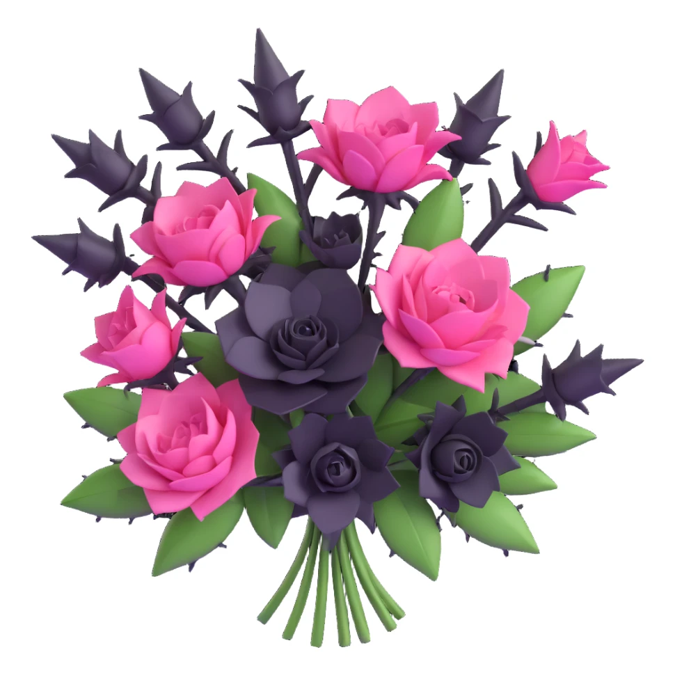 minimal 3D gothic bouquet with thorns, pink and black flowers, simple and mysterious sticker