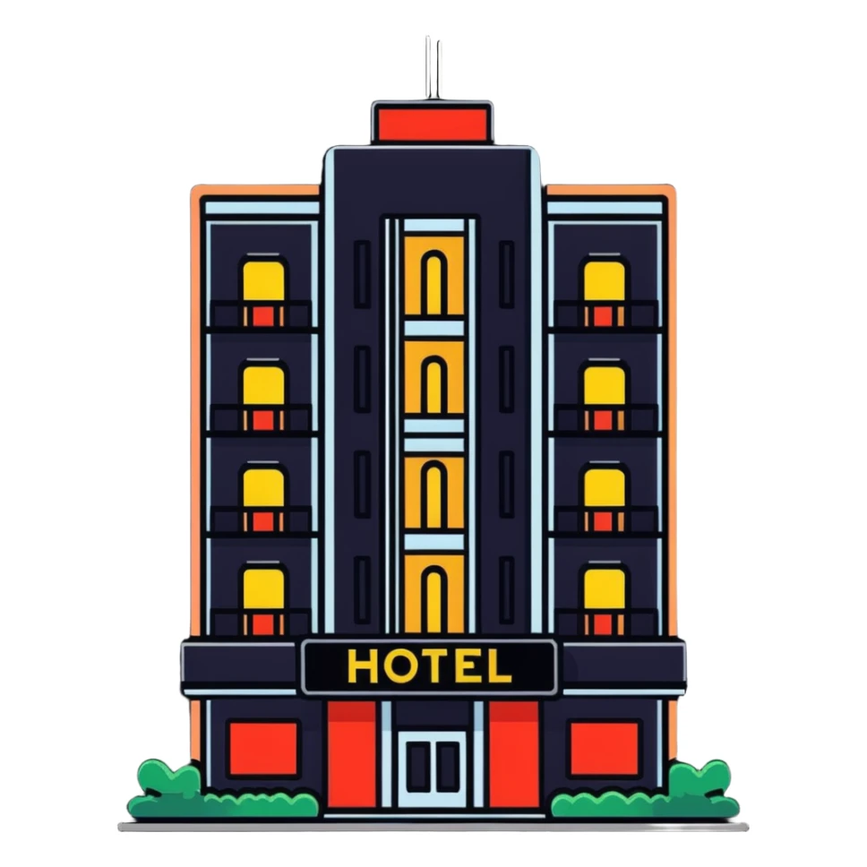 tall hotel building with illuminated sign and entrance sticker