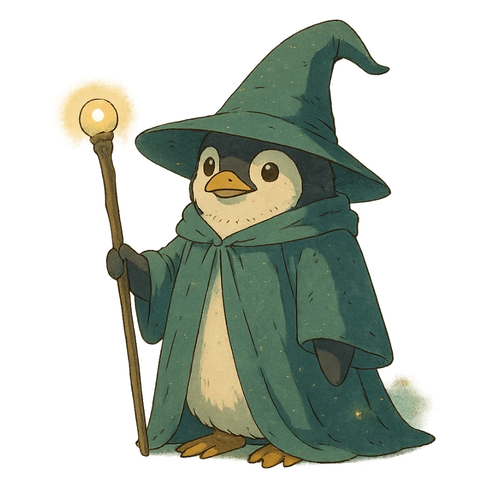 magical atmosphere penguin wizard holding a staff, wearing a wizard hat, ghibli style sticker
