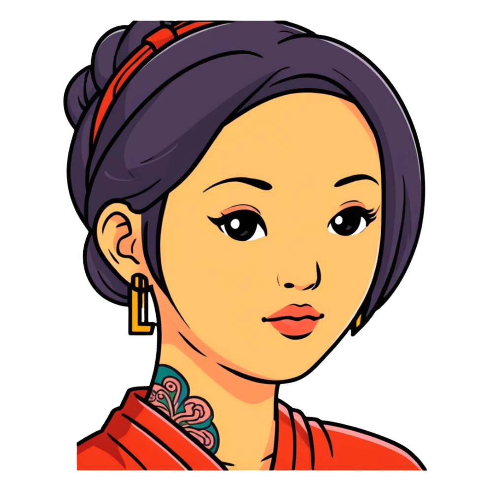 Asian woman with LV tattoo on left cheek sticker