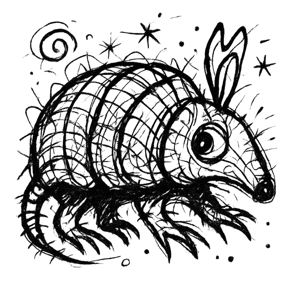 chaotic black and white armadillo icon with expressive lines sticker