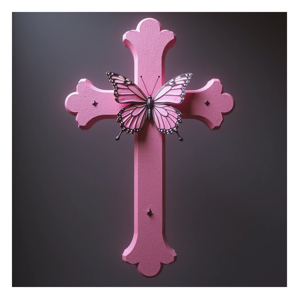 realistic gothic cross, pink with butterfly accents, photorealistic style, no background sticker
