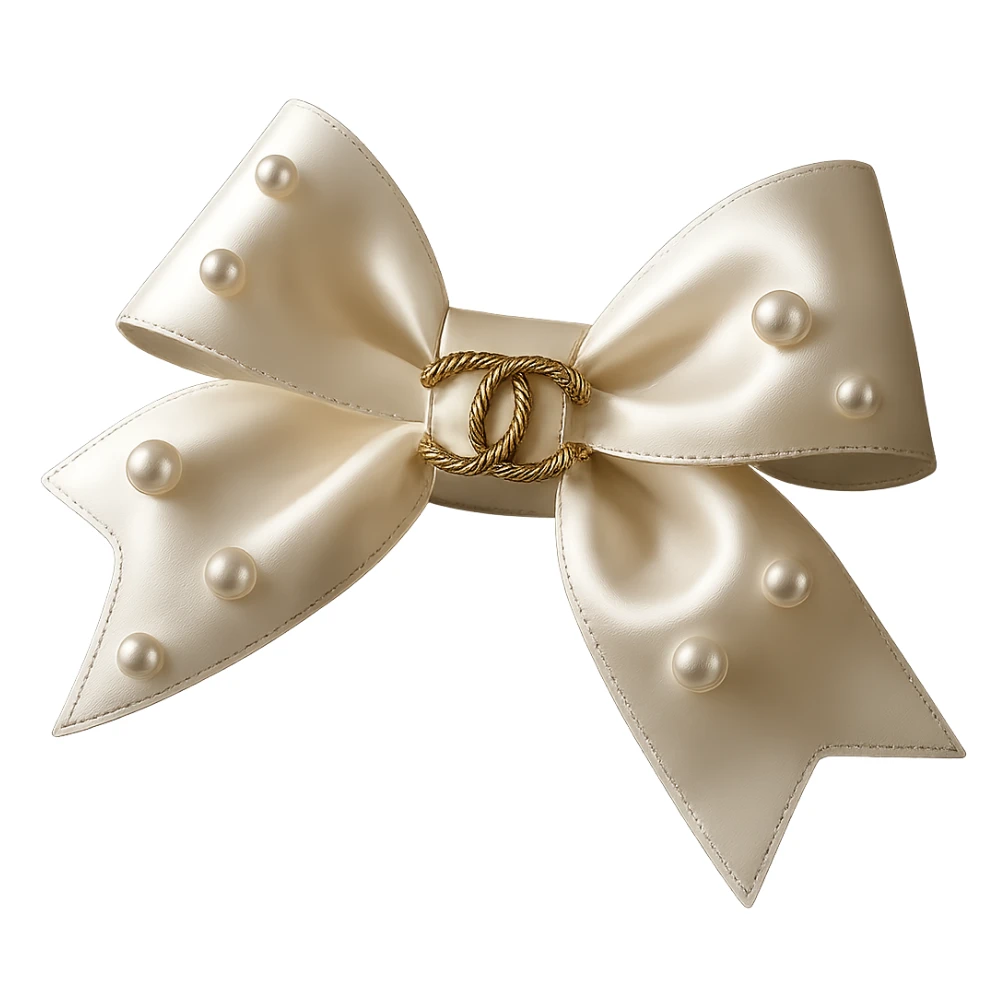 Add a solid black background behind the elegant bow with pearls and gold Chanel logo, glossy, soft lighting, realistic style with soft reflections and highlights on the bow and pearls. sticker
