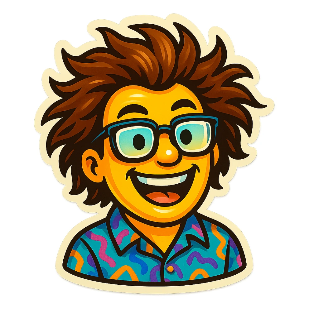 Create an emoji based on this person's appearance, focusing on the wild hair, glasses, and patterned shirt. Use a fun, expressive style suitable for emoji, in a retro stickers style. sticker