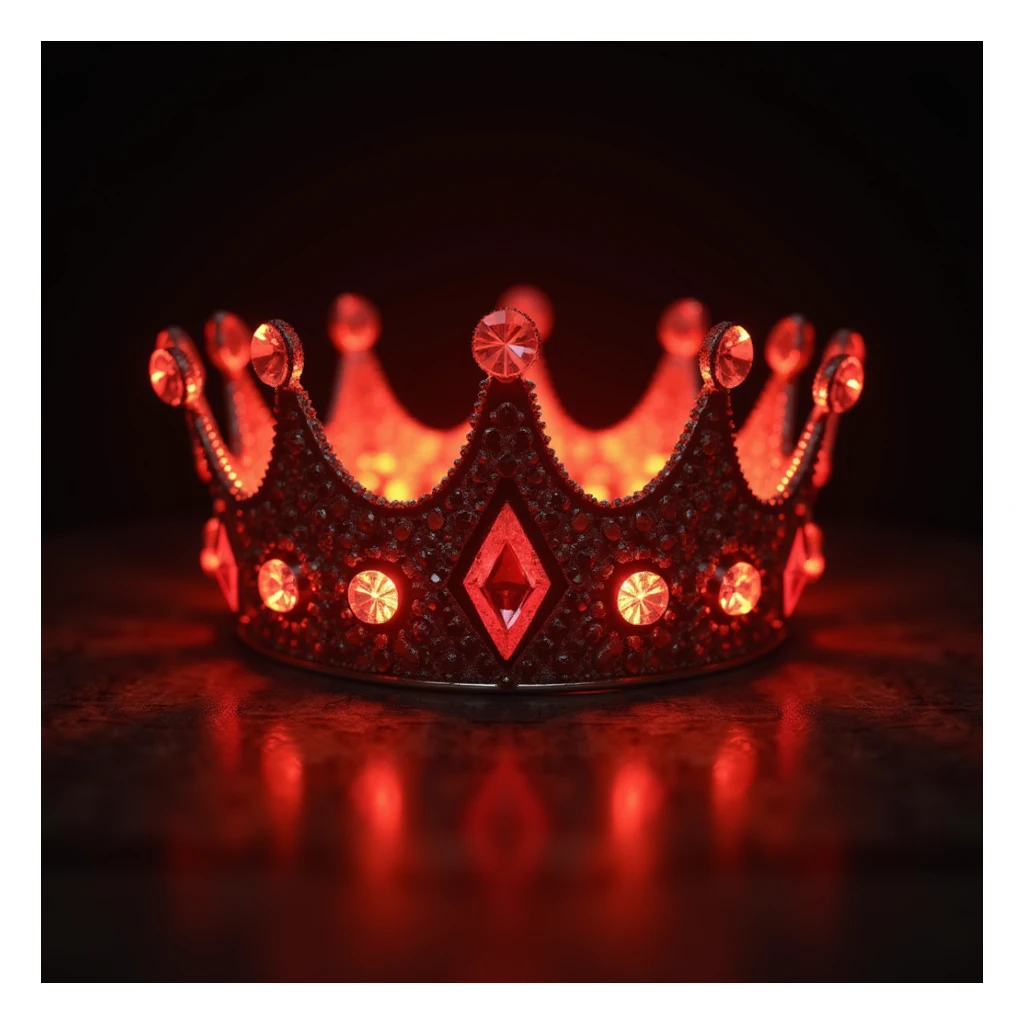 realistic glowing red crown with gems, dramatic lighting, photorealistic sticker