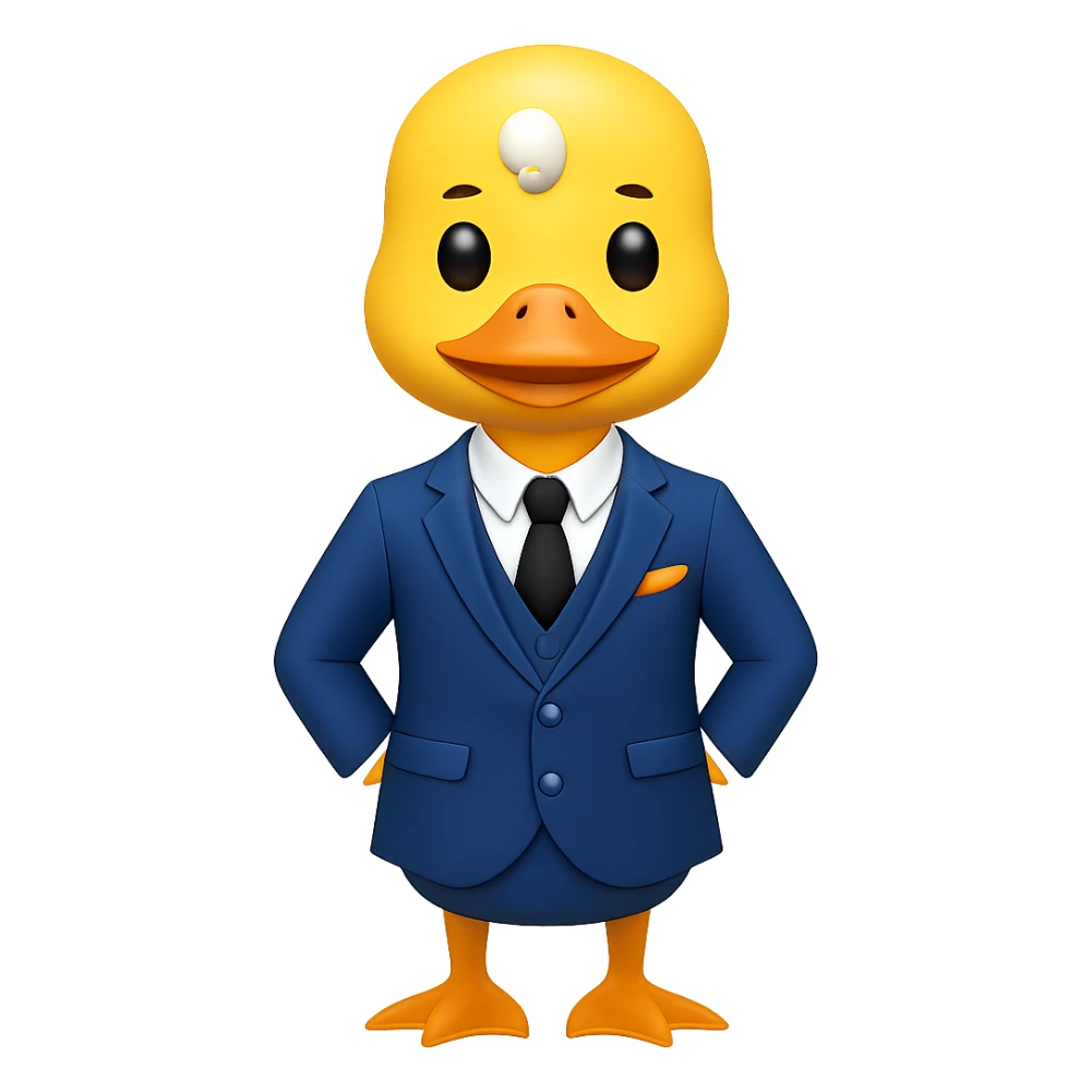 Change the suit to blue, keep the yellow duck gentlemanly, in apple emoji style, with no background. sticker