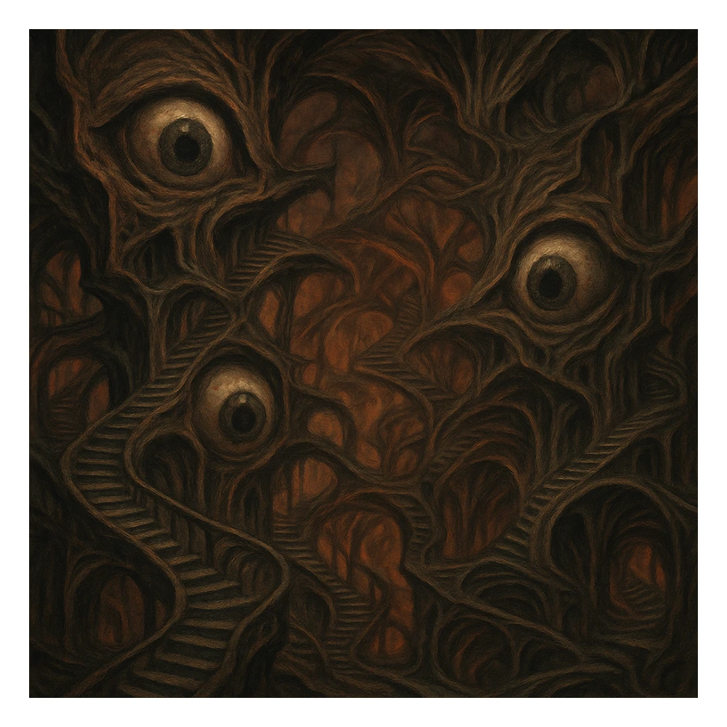 a surreal hell with twisted staircases, giant eyes, and warped architecture sticker