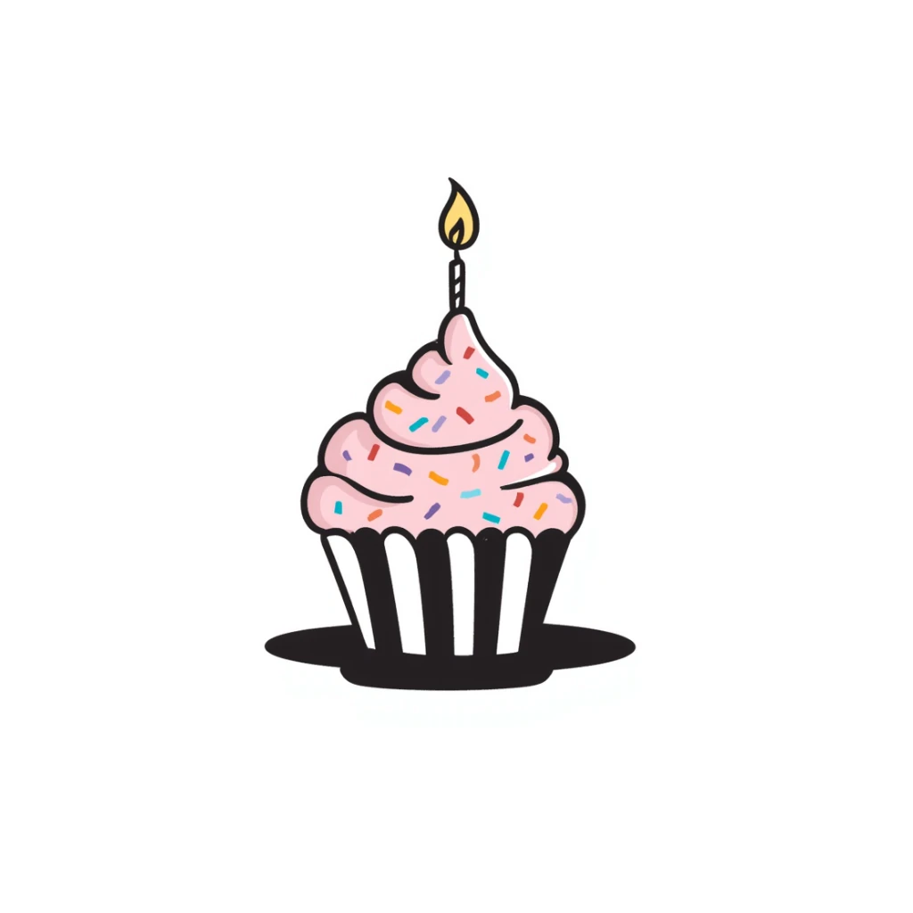 A single decorated birthday cupcake with swirled frosting, colorful sprinkles, and a lit candle on top. Using pastel colors (pink, light blue, lavender, peach). Hand-drawn doodle style with festive details. Cute celebratory design. sticker