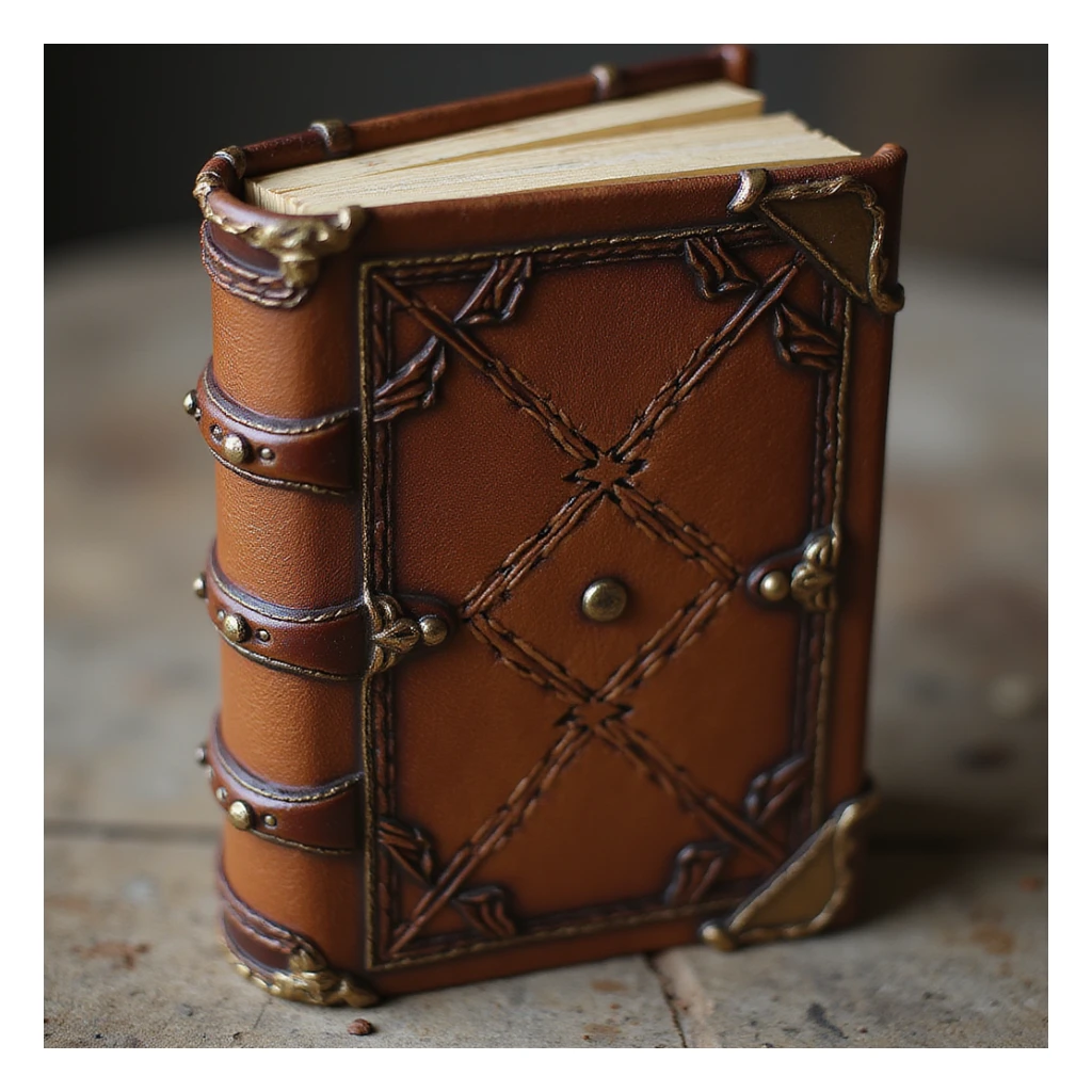 a realistic leather-bound diary, detailed, closed, brown leather, gold-edged pages sticker