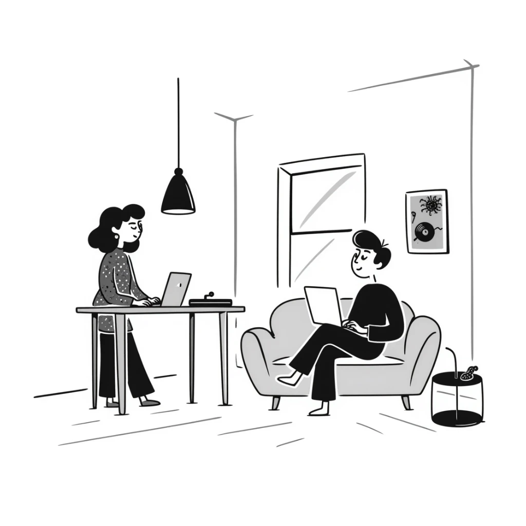 A mid-century modern living room with two people working on laptops — a woman standing working on the laptop and a man sitting on a couch with a laptop. The room has visible floor and two walls forming a corner, large window, modern pendant lamp, turntable, vinyl record stand, retro posters sticker